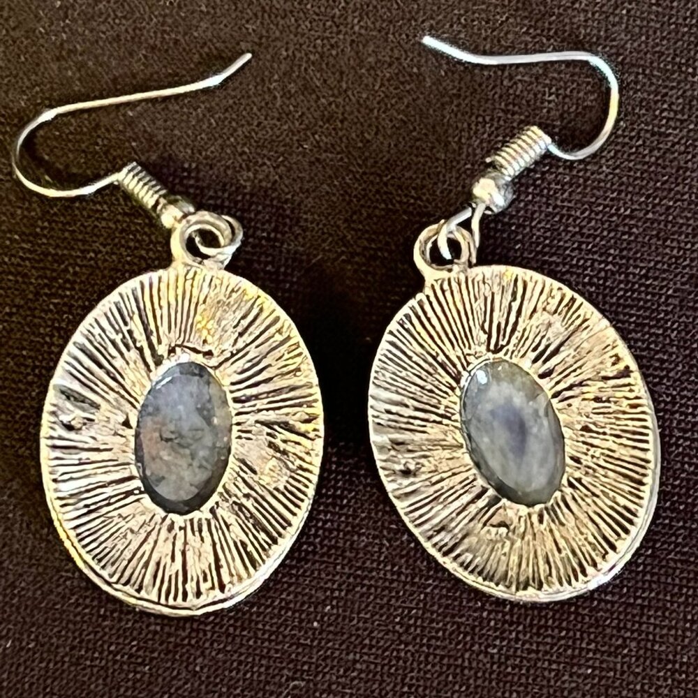 Taxco‑Style Sodalite Earrings – Antique Silver‑Tone Setting – Oval Cabochons - Picture 6 of 10